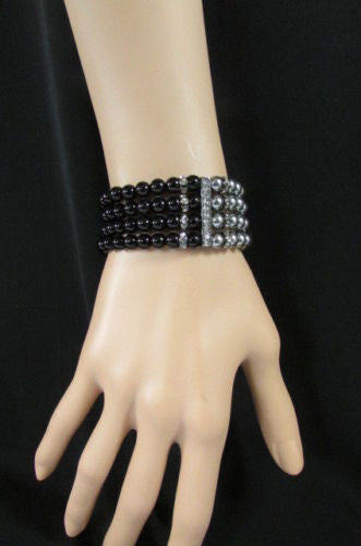 Black Cream / Pewter Black Imitation Pearl Beads Elastic Bracelet New Women Fashion Jewelry Accessories - alwaystyle4you - 24