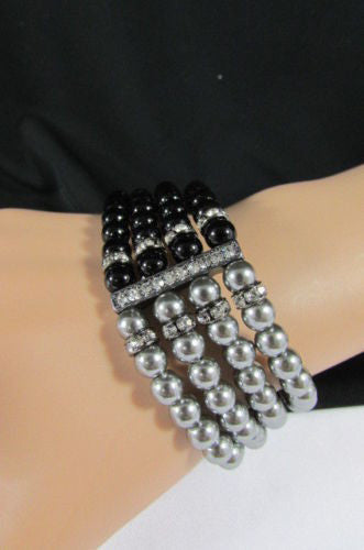 Black Cream / Pewter Black Imitation Pearl Beads Elastic Bracelet New Women Fashion Jewelry Accessories - alwaystyle4you - 10