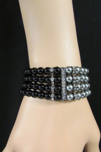 Black Cream / Pewter Black Imitation Pearl Beads Elastic Bracelet New Women Fashion Jewelry Accessories - alwaystyle4you - 12