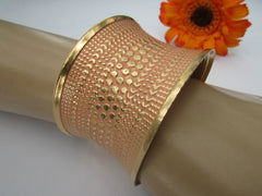 Gold Metal Cuff Wide Bracelet Pink Polka Dot Peach Colored Pattern New Women Fashion Jewelry Accessories - alwaystyle4you - 2