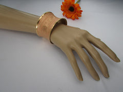 Gold Metal Cuff Wide Bracelet Pink Polka Dot Peach Colored Pattern New Women Fashion Jewelry Accessories - alwaystyle4you - 3