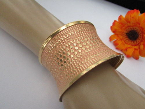 Gold Metal Cuff Wide Bracelet Pink Polka Dot Peach Colored Pattern New Women Fashion Jewelry Accessories - alwaystyle4you - 5