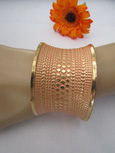 Gold Metal Cuff Wide Bracelet Pink Polka Dot Peach Colored Pattern New Women Jewelry Accessories