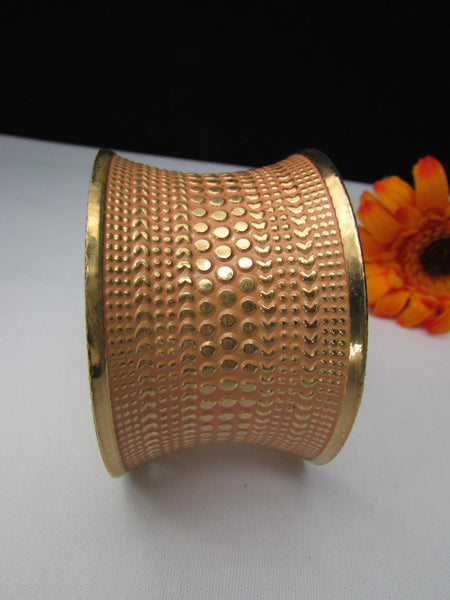 Gold Metal Cuff Wide Bracelet Pink Polka Dot Peach Colored Pattern New Women Fashion Jewelry Accessories - alwaystyle4you - 1