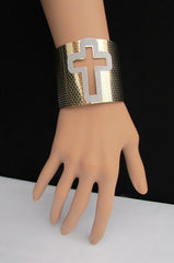 Gold Silver Metal Cuff Bracelet Cut Out Big Sparkling Big Cross Fashion New Women Jewelry Accessories - alwaystyle4you - 12