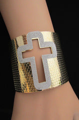 Gold Silver Metal Cuff Bracelet Cut Out Big Sparkling Big Cross Fashion New Women Jewelry Accessories - alwaystyle4you - 13