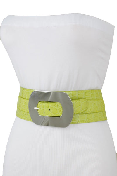 Fashion New Women Bright Green Apple Stretch Belt Elastic Wide  Silver Metal Oval Buckle Size M L