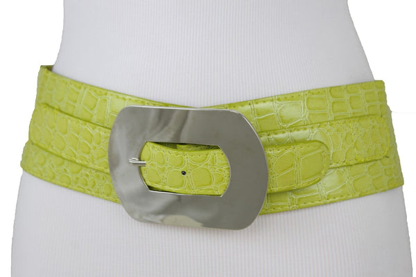 Fashion New Women Bright Green Apple Stretch Belt Elastic Wide  Silver Metal Oval Buckle Size M L