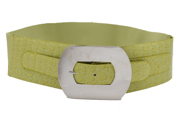 Fashion New Women Bright Green Apple Stretch Belt Elastic Wide  Silver Metal Oval Buckle Size M L