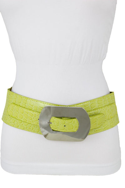 Fashion New Women Bright Green Apple Stretch Belt Elastic Wide  Silver Metal Oval Buckle Size M L