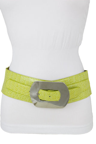 Fashion New Women Bright Green Apple Stretch Belt Elastic Wide  Silver Metal Oval Buckle Size M L