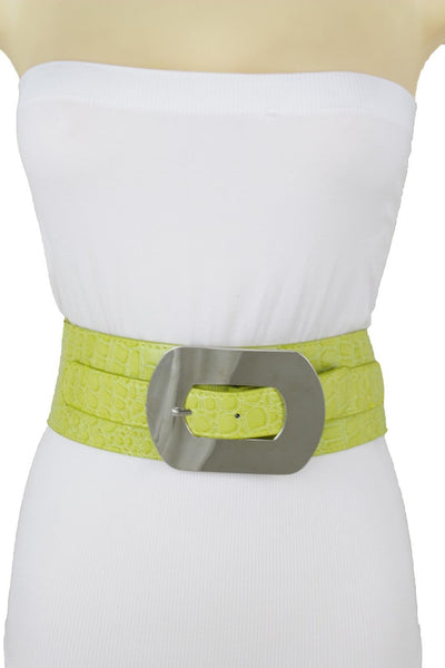 Fashion New Women Bright Green Apple Stretch Belt Elastic Wide  Silver Metal Oval Buckle Size M L