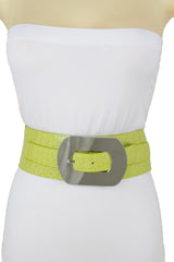 Fashion Women Bright Green Apple Stretch Belt Elastic Wide Silver Metal Oval Buckle Size M L
