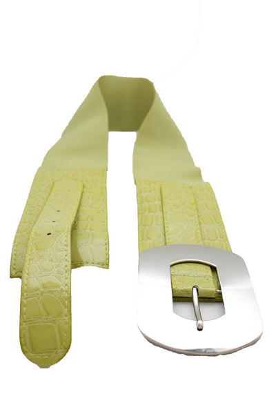 Fashion New Women Bright Green Apple Stretch Belt Elastic Wide  Silver Metal Oval Buckle Size M L