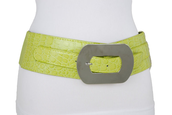 Fashion New Women Bright Green Apple Stretch Belt Elastic Wide  Silver Metal Oval Buckle Size M L