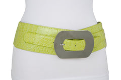 Fashion Women Bright Green Apple Stretch Belt Elastic Wide Silver Metal Oval Buckle Size M L