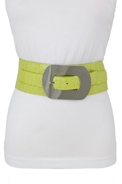 Fashion New Women Bright Green Apple Stretch Belt Elastic Wide  Silver Metal Oval Buckle Size M L