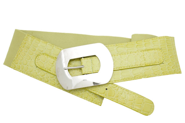 Fashion New Women Bright Green Apple Stretch Belt Elastic Wide  Silver Metal Oval Buckle Size M L