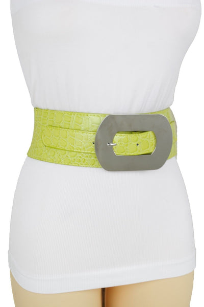 Fashion New Women Bright Green Apple Stretch Belt Elastic Wide  Silver Metal Oval Buckle Size M L
