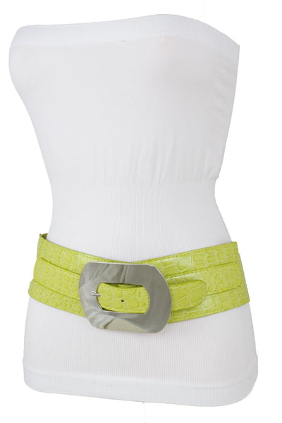 Fashion New Women Bright Green Apple Stretch Belt Elastic Wide  Silver Metal Oval Buckle Size M L