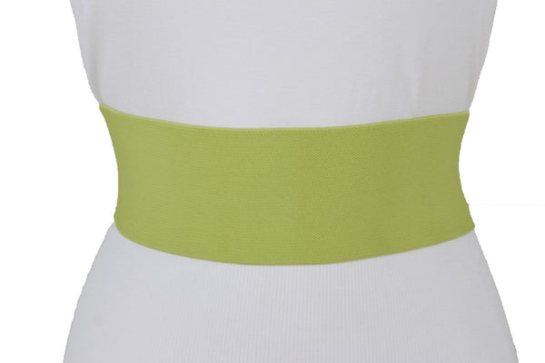 Fashion New Women Bright Green Apple Stretch Belt Elastic Wide  Silver Metal Oval Buckle Size M L
