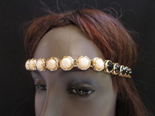 Elastic Head Chain Silver Cream Black White Blue Teal Beads Hair Piece Jewelry Women Wedding Accessories