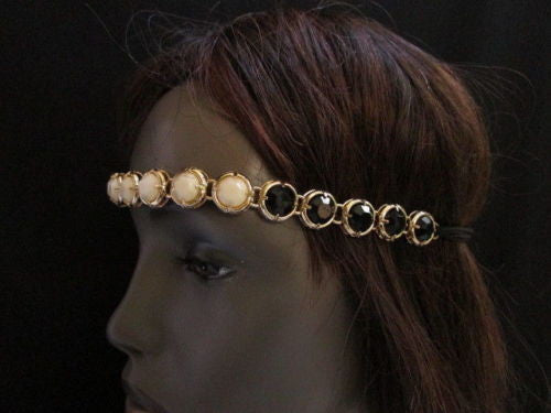 Elastic Head Chain Silver Cream Black White Blue Teal Beads Hair Piece Jewelry Women Wedding Accessories