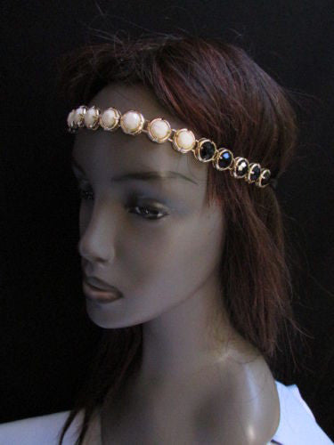 Elastic Head Chain Silver Cream Black White Blue Teal Beads Hair Piece Jewelry Women Wedding Accessories