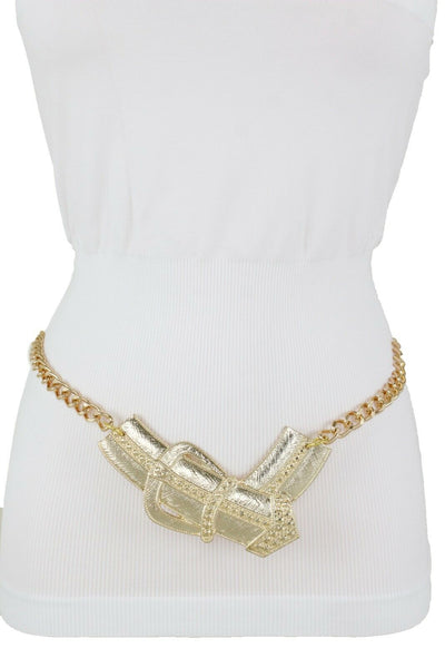 Fun Women Belt Hip High Waist Gold Metal Chain Big Wide Buckle Charm Size XS S M