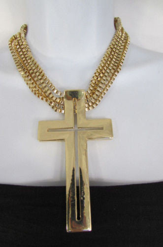 Gold Metal Dangle Chain Links Choker Necklace Large Cross New Women Fashion Accessories