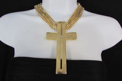 Gold Metal Dangle Chain Links Choker Necklace Large Cross