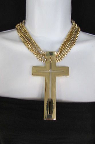 Gold Metal Dangle Chain Links Choker Necklace Large Cross New Women Fashion Accessories