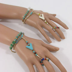 Gold Hand Chain Bracelet Elastic Connected Finger Turquoise Blue Or White Arrow Colors Beads Wedding