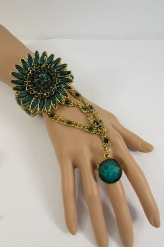 Gold Hand Chain Cuff Bracelet Slave Big Round Ring Big Pink Green Purple Black Flower Beads New Women Fashion Accessories