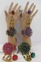 Gold Hand Chain Cuff Bracelet Big Round Ring Big Pink Green Purple Black Flower Beads