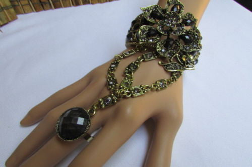 Gold Hand Chain Cuff Bracelet Slave Big Round Ring Big Pink Green Purple Black Flower Beads New Women Fashion Accessories