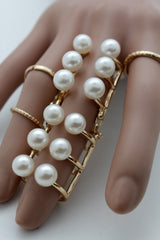 Gold Ivory Metal 5 Rings Set Band Imitation Pearl Beads Ring Women Stylish Jewelry