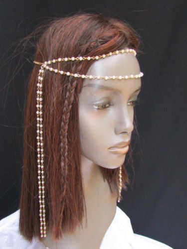 Gold Metal 80'S Stylish Long Head Chain Lightweight Imitation Pearls Beads Women Accessories
