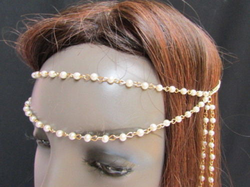 Gold Metal 80'S Stylish Long Head Chain Lightweight Imitation Pearls Beads Women Accessories