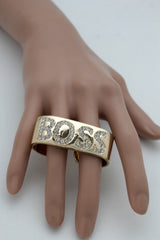 Gold Metal BOSS 2 Fingers Silver Rhinestones Wide Band Ring Women Trendy