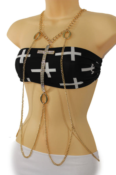 Gold Metal Body Chain Big Rhinestones Cross Harness Bikini Long Necklace Women Accessories