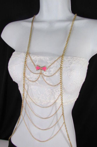 Gold Metal Body Chain Multi Wave Black Or Pink Mini Bow Pendant New Women  Jewelry Accessories