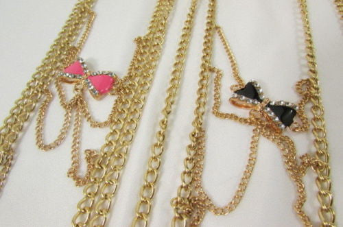 Gold Metal Body Chain Multi Wave Black Or Pink Mini Bow Pendant New Women  Jewelry Accessories