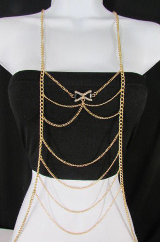 Gold Metal Body Chain Multi Wave Black Or Pink Mini Bow Pendant New Women  Jewelry Accessories