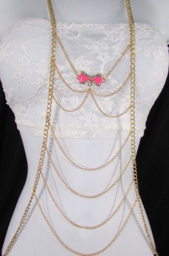 Gold Metal Body Chain Multi Wave Black Or Pink Mini Bow Pendant New Women  Jewelry Accessories