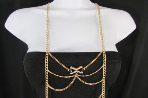 Gold Metal Body Chain Multi Wave Black Or Pink Mini Bow Pendant New Women  Jewelry Accessories