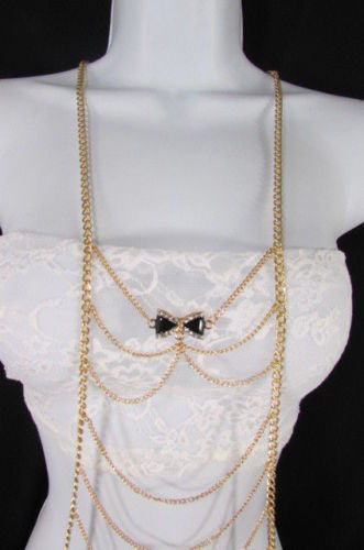 Gold Metal Body Chain Multi Wave Black Or Pink Mini Bow Pendant New Women  Jewelry Accessories