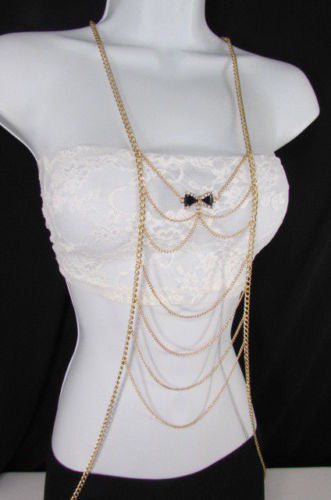 Gold Metal Body Chain Multi Wave Black Or Pink Mini Bow Pendant New Women  Jewelry Accessories