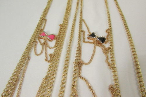 Gold Metal Body Chain Multi Wave Black Or Pink Mini Bow Pendant New Women  Jewelry Accessories