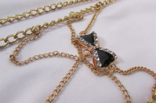 Gold Metal Body Chain Multi Wave Black Or Pink Mini Bow Pendant New Women  Jewelry Accessories